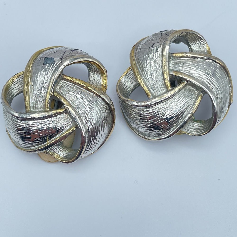 Vintage 90s Silver Tone Knot Textured Earrings Statement Women's Classic Jewelry